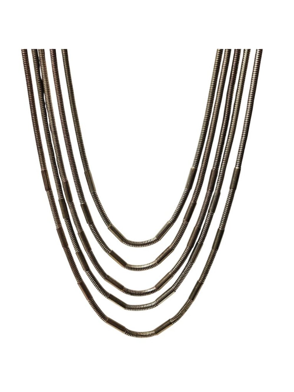Vintage 5 Strand Snake Chain Necklace Gunmetal Gold Tone Statement Jewelry